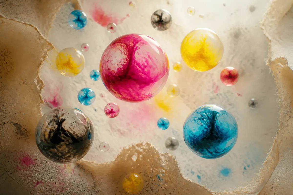 CMYK fluidne sfere — digitalna umjetnost Rigel Ilidža