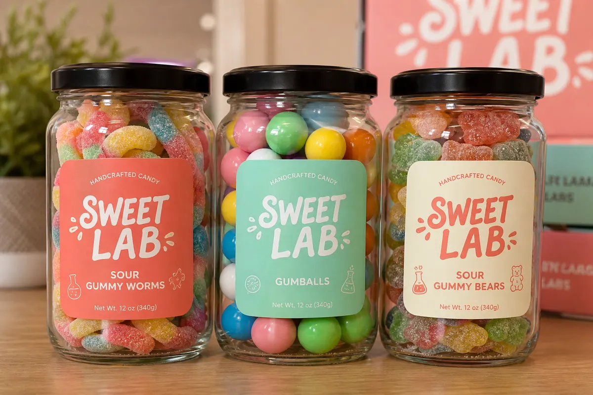 Etikete Sweet Lab jar — pastel candy brand Rigel