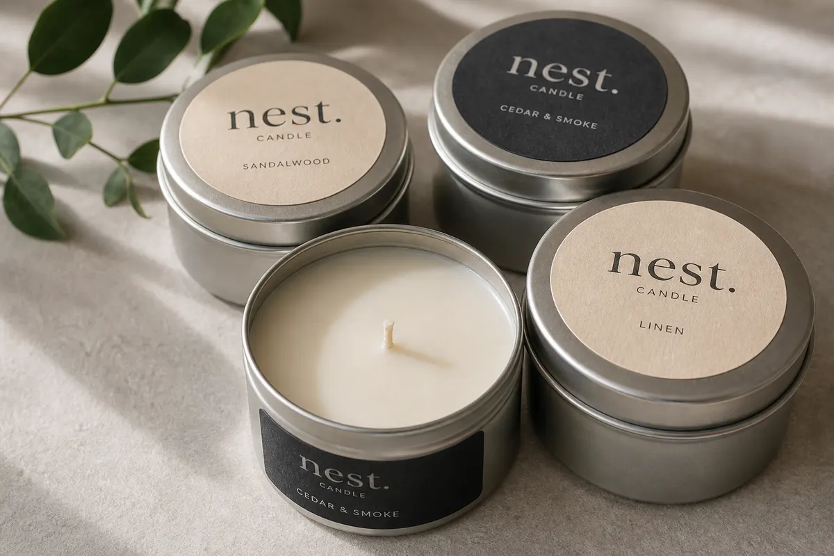 Etikete Nest Candle tins — linen brand Rigel Ilidža