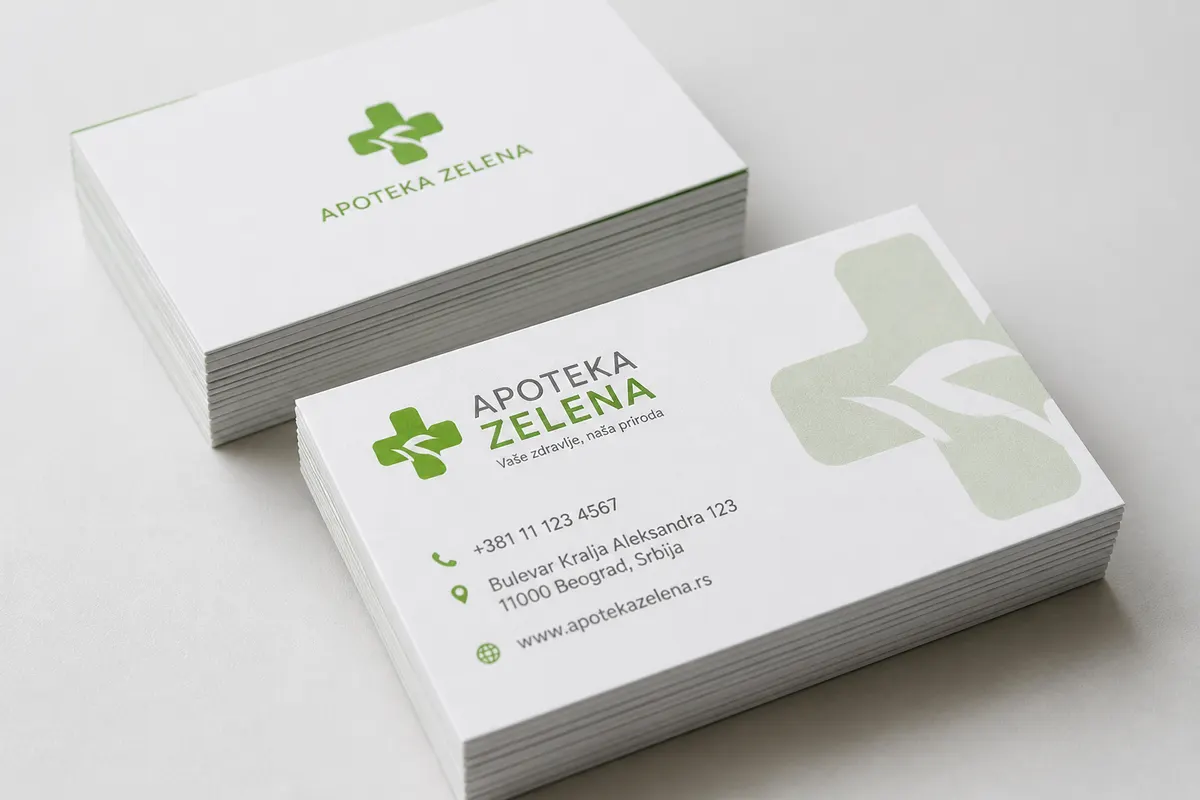 Vizit karte Apoteka Zelena — medicinski brend, digitalna štampa Rigel