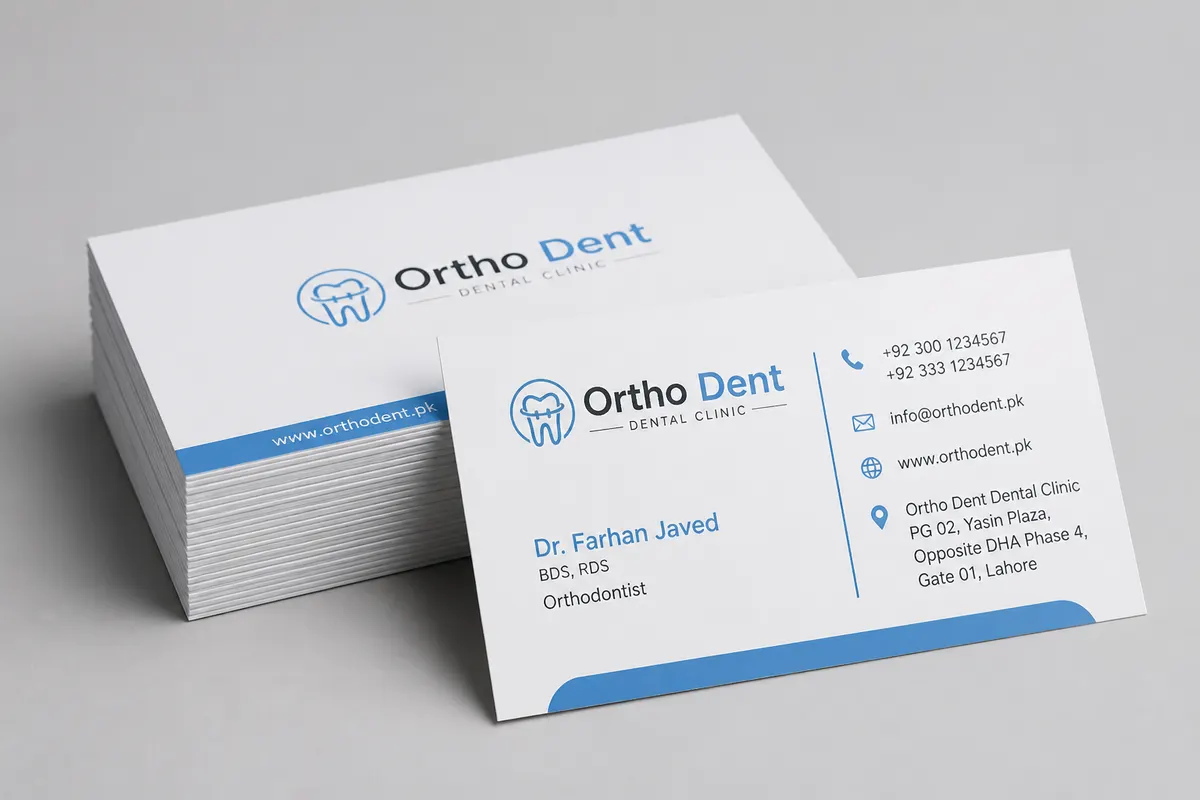 Vizit karte Ortho Dent — klinika, čist korporativni print Rigel