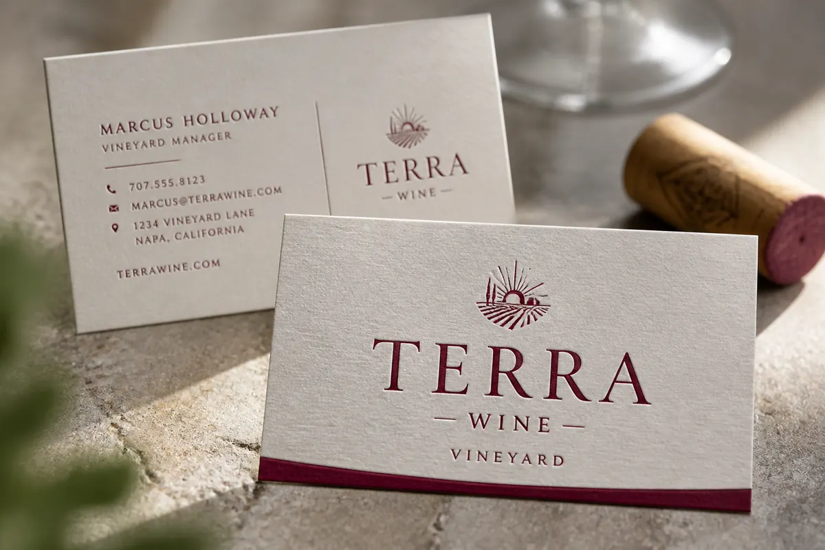 Vizit karte Terra Wine — vinarija, textured papir, Rigel Ilidža