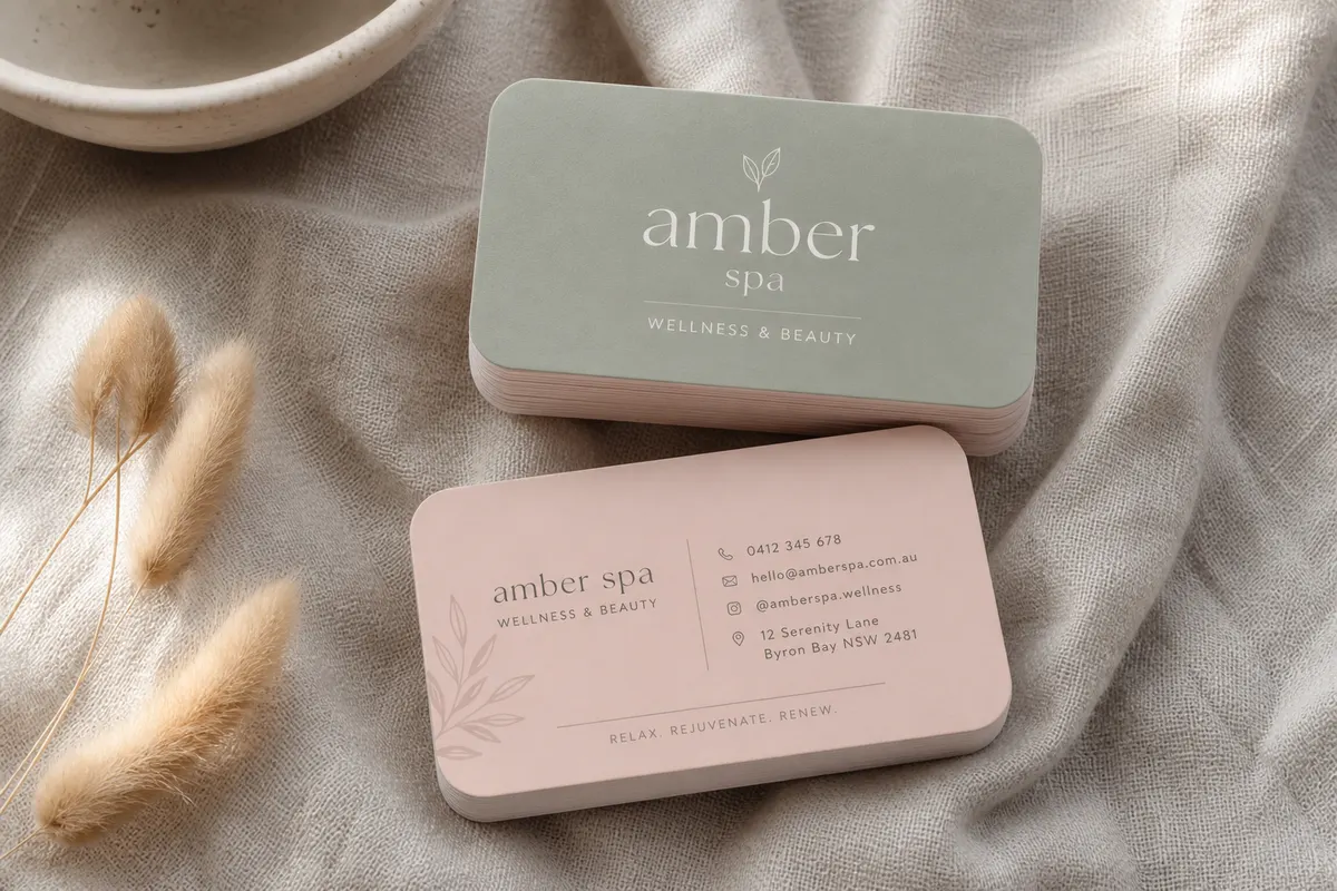 Vizit karte Amber Spa — wellness, meki tonovi, Rigel štampa