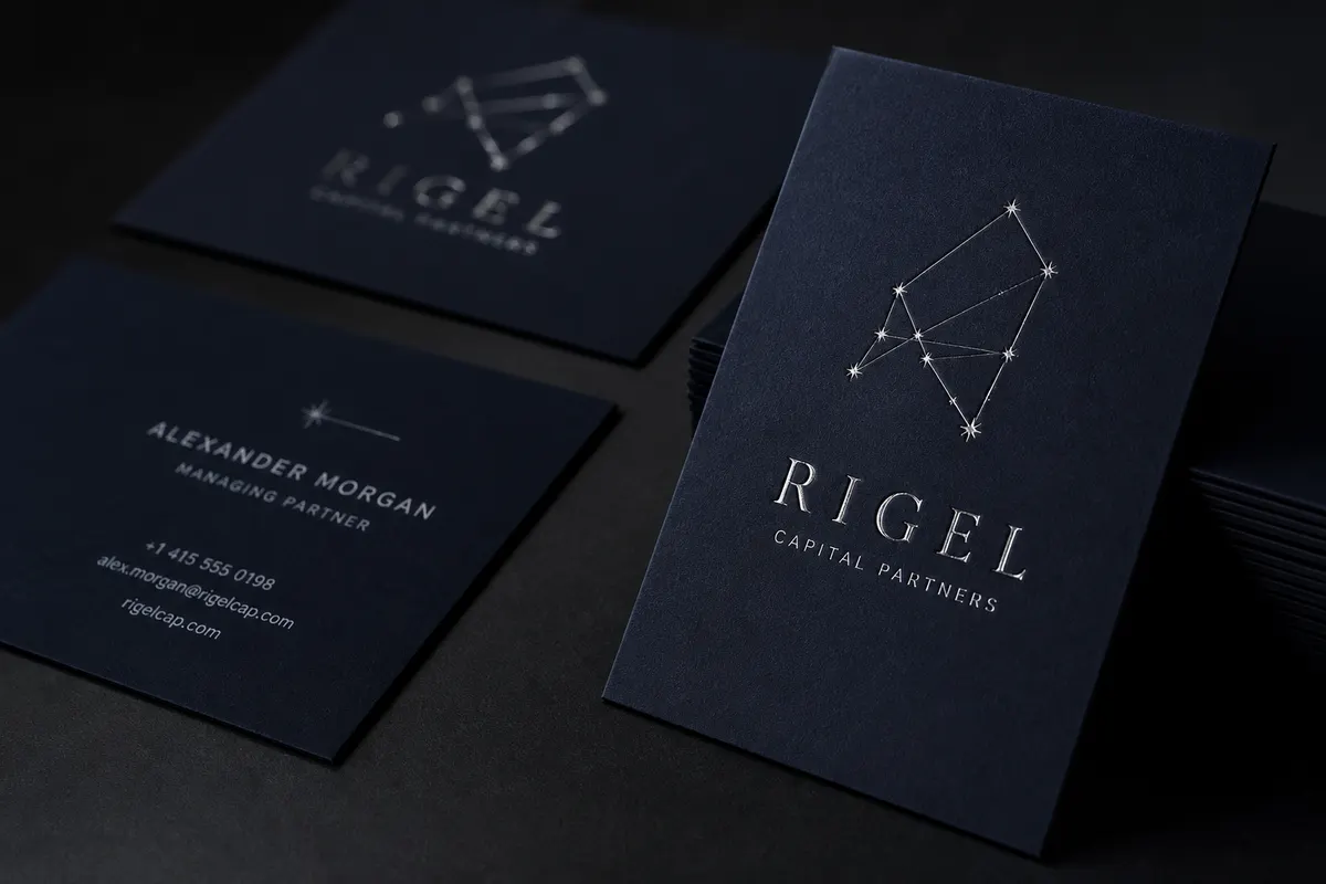 Vizit karte Rigel — brand sample s doradom 3D lak, Ilidža