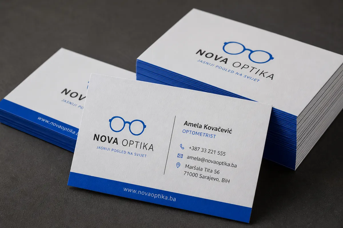 Vizit karte Nova Optika — plavi akcent, precizan rez Rigel