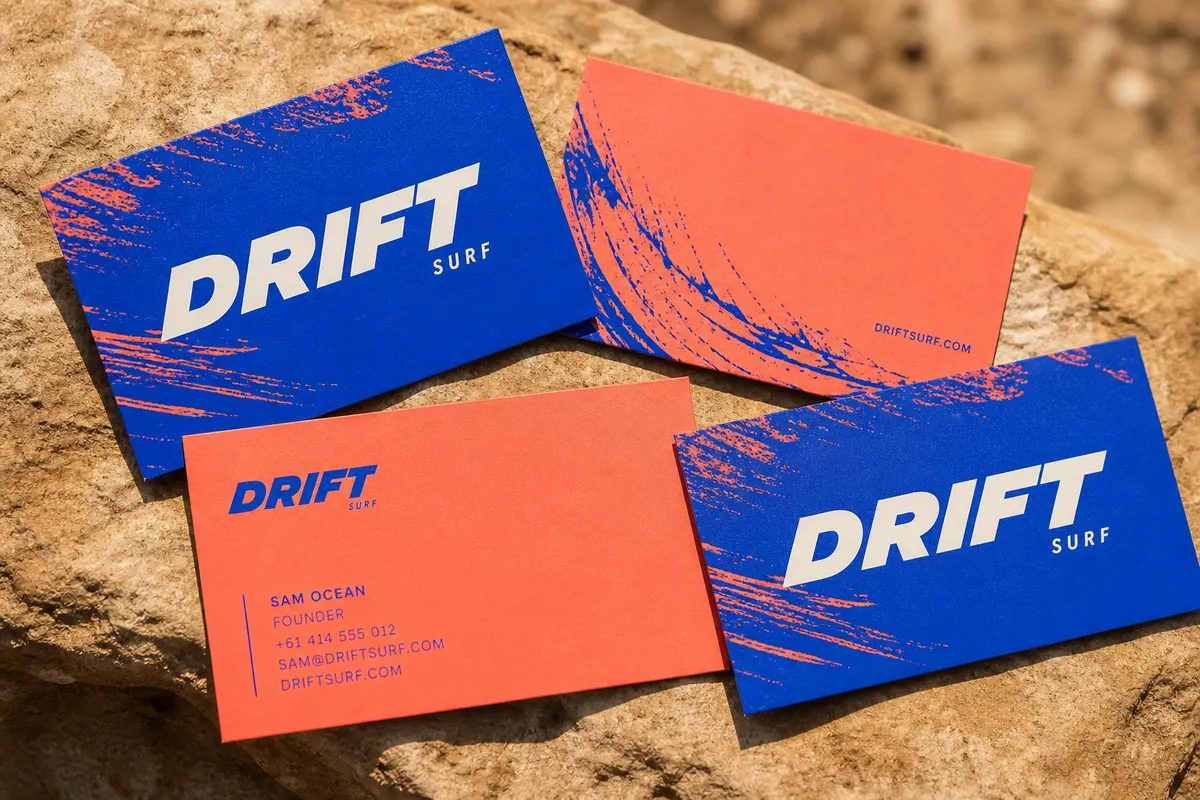 Vizit karte Drift Surf — lifestyle brend, bold tipografija Rigel