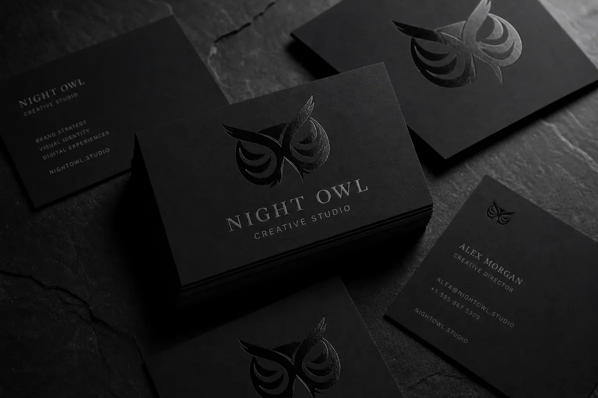 Vizit karte Night Owl Bar — crni mat + spot UV, Rigel